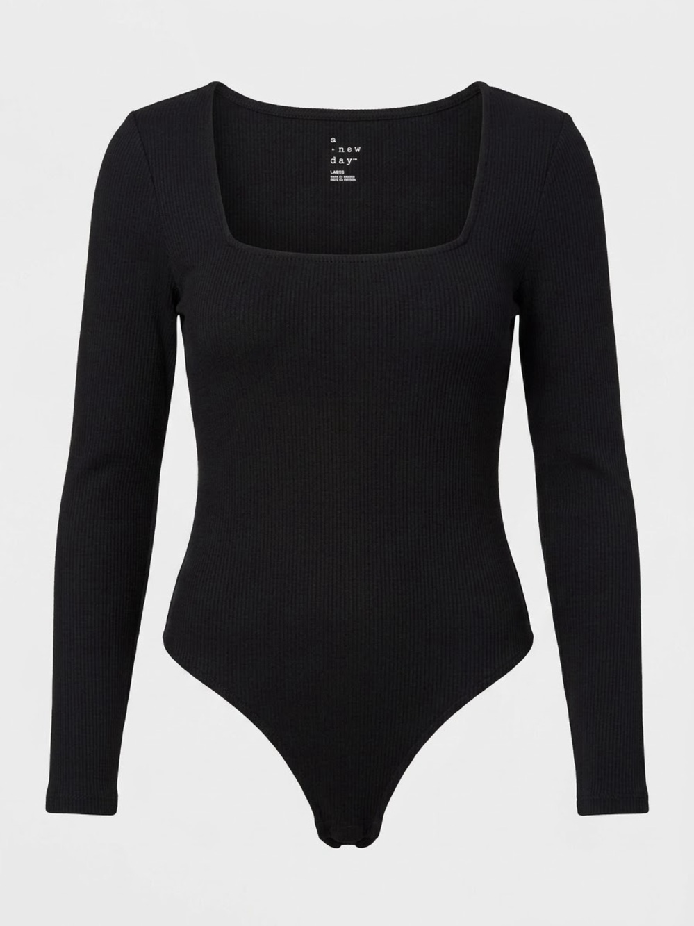a new day Black Ribbed Long-Sleeve Square-Neck Bodysuit